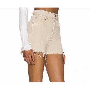 GRLFRND High Waist Raw Hem Denim Shorts in Beige